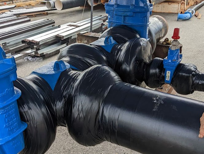 Valves and fittings finished with the Denso Petrolatum Tape System and PVC outerwrap